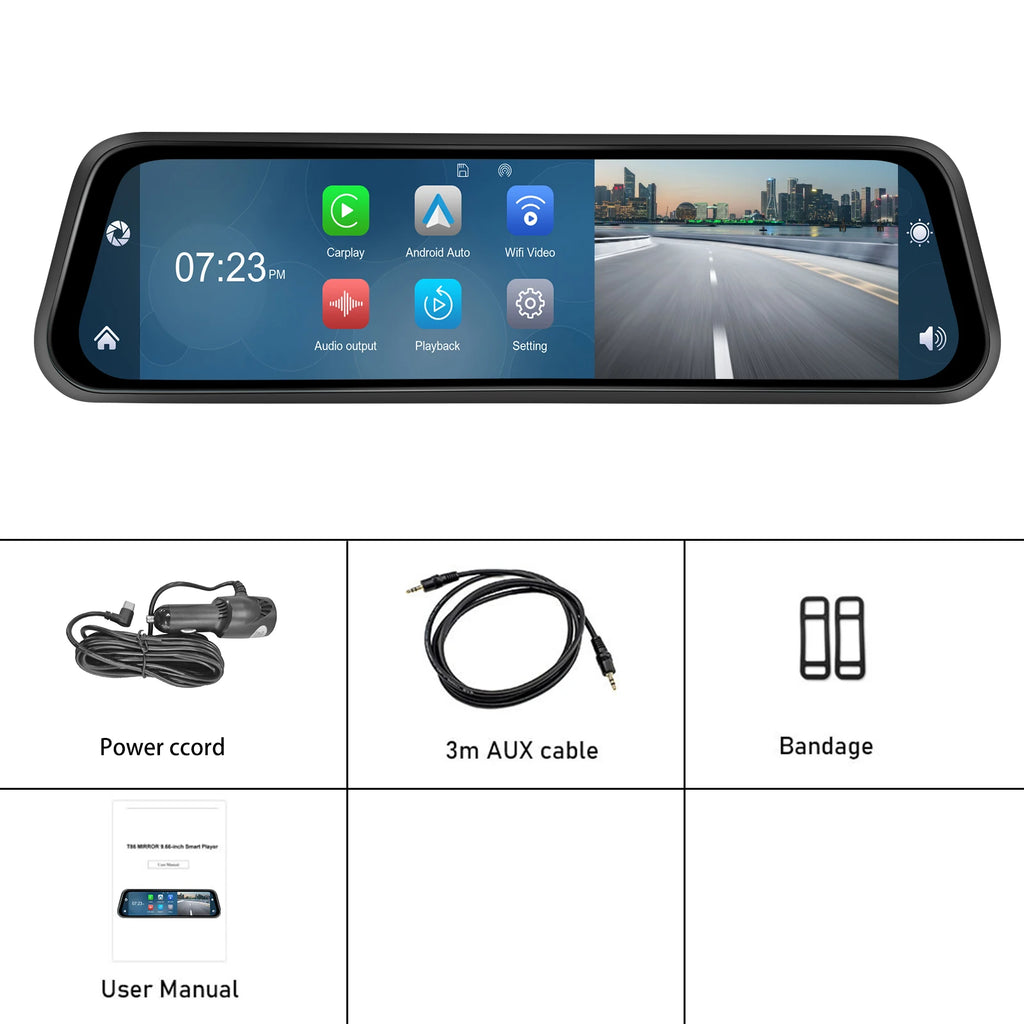 Podofo 12 ''Car Mirror Monitor 4K Ultra HD Recording Front Camera Car DVR Carplay Android Auto WIFI Voice Control Two-Way Video ATS Car Design