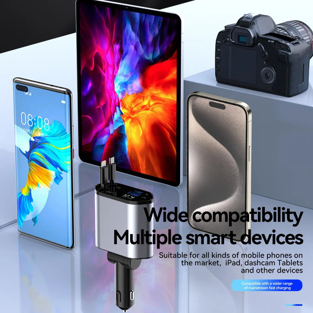 Retractable Car Charger 4 in 1 Fast Charging Car Charger 120W Dual Type-C Retractable Cable and 2 USB Ports Car Charger Adapter ATS Car Design