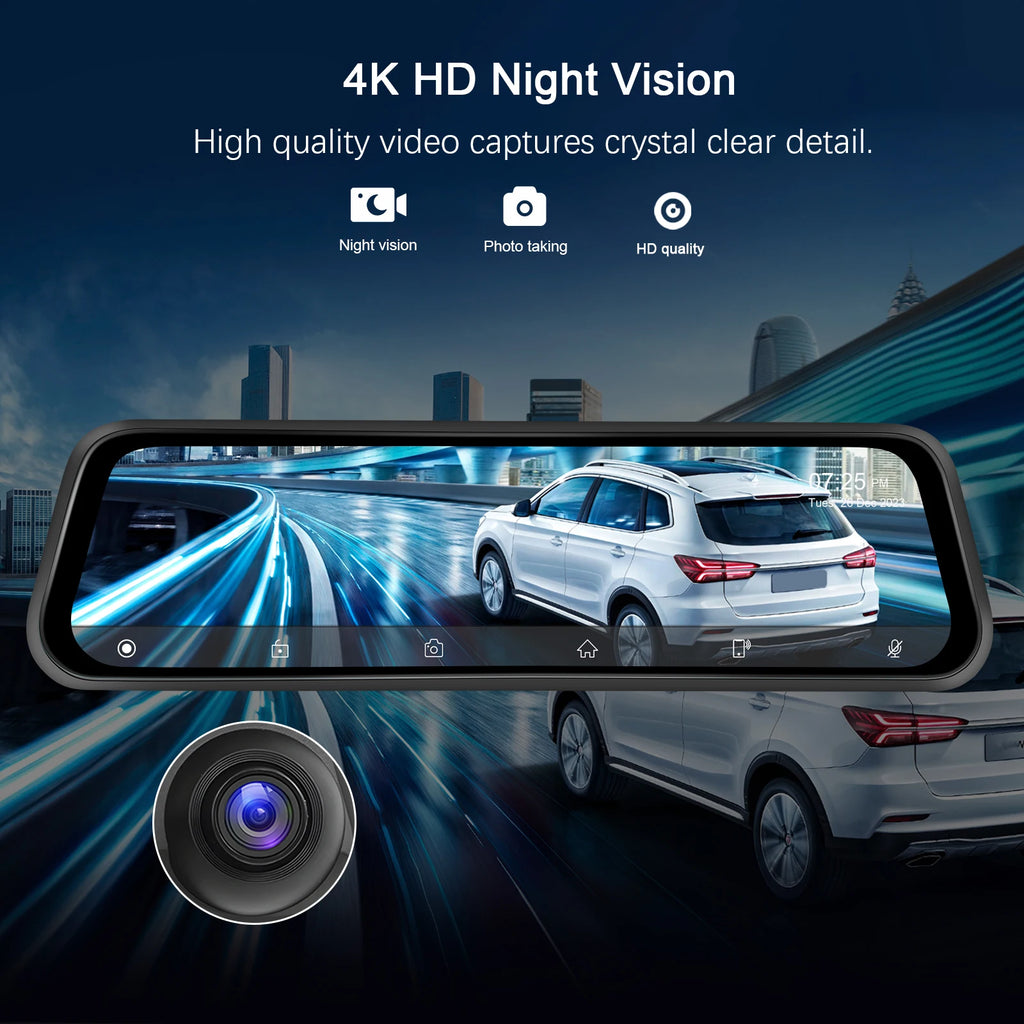 Podofo 12 ''Car Mirror Monitor 4K Ultra HD Recording Front Camera Car DVR Carplay Android Auto WIFI Voice Control Two-Way Video ATS Car Design