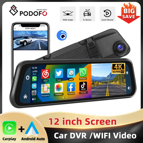 Podofo 12 ''Car Mirror Monitor 4K Ultra HD Recording Front Camera Car DVR Carplay Android Auto WIFI Voice Control Two-Way Video ATS Car Design