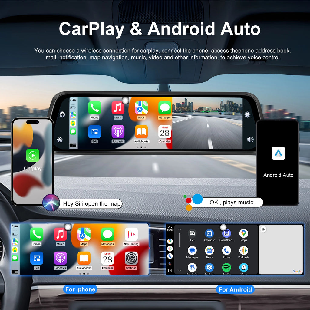 Podofo 12 ''Car Mirror Monitor 4K Ultra HD Recording Front Camera Car DVR Carplay Android Auto WIFI Voice Control Two-Way Video ATS Car Design