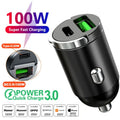 100W/200W QC3.0 PD Mini Car Charger 12-24V Lighter Fast Charging Car USB Type C Charger for Xiaomi Samsung Huawei iPhone Power ATS Car Design