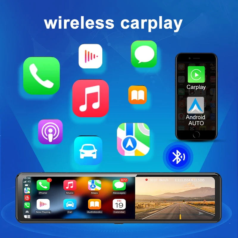 4G Smart Car DVR Android 13 ADAS Dash Cam GPS, 12'' Screen, Front and Rear 720P Cameras, 4G Live Streaming WiFi Parking Monitor ATS Car Design