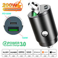 100W/200W QC3.0 PD Mini Car Charger 12-24V Lighter Fast Charging Car USB Type C Charger for Xiaomi Samsung Huawei iPhone Power ATS Car Design